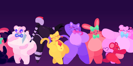 accessory ambiguous_gender anthro big_breasts big_butt biped black_body blue_body blush blush_stickers bodily_fluids bottomwear bow_ribbon bow_tie bow_tie_only breasts butt clothed clothed_male clothing eyes_closed featureless_breasts featureless_feet feet female front_view fully_clothed group hat headgear headwear heart_symbol holding_object huge_breasts kneeling knife large_group larger_female long_tongue machine male mostly_nude necktie necktie_only one_eye_closed open_mouth pink_body plushie purple_body red_body round_ears running saliva side_view simple_background size_difference smaller_female smaller_male standing sweat tail text thick_thighs tongue topwear whiskers yellow_body cocoaberry lovedoll_toy_factory bratti_(gremlingrounded) catti_(gremlingrounded) creepi_(gremlingrounded) hoppi_(gremlingrounded) jerri_(gremlingrounded) merri_(gremlingrounded) nightguard_(gremlingrounded) security_(gremlingrounded) teddi_(gremlingrounded) teddibear_(gremlingrounded) animate_inanimate bear domestic_cat felid feline felis human humanoid lagomorph leporid living_plushie mammal mouse murid murine rabbit robot robot_humanoid rodent 2026 absurd_res artist_name character_request digital_drawing_(artwork) digital_media_(artwork) flat_colors hi_res widescreen