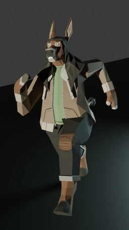 anthro bared_teeth black_hair bottomwear brown_body clothed clothing empty_eyes green_clothing green_topwear hair jacket long_hair low_poly male male_anthro open_clothing open_jacket open_topwear pants running simple_background solo teeth topwear torn_bottomwear torn_clothing torn_pants jezzlen chuy_(jezzlen) asinus donkey equid equine mammal 9:16 hi_res