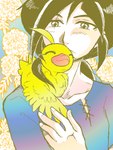 ahoge ambiguous_gender beak cuddling duo feathered_wings feathers feral hair smile wings nyame8 princess_tutu ahiru_(princess_tutu) fakir_(princess_tutu) anatid anseriform avian bird duck human mammal 3:4