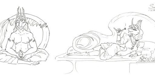 anthro clothing duo equis_universe female food footwear male meditation paws race shoes steryphians tail weapon sunny_way ki'rinaes concept_art hi_res traditional_media_(artwork)