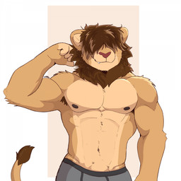 anthro arm_tuft armpit_tuft biceps brown_hair clothed clothing elbow_tuft fur hair hair_over_eyes male mane muscular muscular_anthro muscular_male nipples pecs simple_background snaggle_tooth solo tail tail_tuft tan_body tan_fur tuft underwear underwear_only whiskers bezzeroo felid lion mammal pantherine 1:1 2026 half-length_portrait hi_res portrait