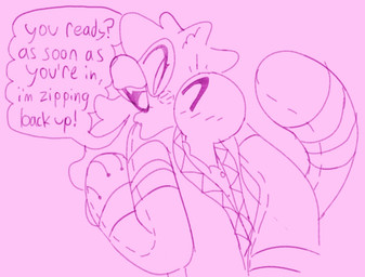ambiguous_gender anthro dialogue female looking_back plushie safe_vore speech_bubble tail vore bigsteppies noodle_(aimkid) animate_inanimate human living_clothing living_costume living_fursuit living_plushie mammal monochrome
