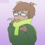 anthro blush brown_body brown_fur brown_hair clothed clothing eyewear fur glasses hair male open_mouth scarf simple_background solo sweater text topwear takoto takoto_(character) domestic_cat felid feline felis mammal scottish_fold 1:1 2016 english_text