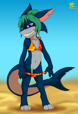 4_fingers 4_toes anthro beach bikini bikini_bottom bikini_bottom_down bikini_down bikini_top blue_body blurred_background claws clitoris clothed clothing feet female fin fingers flashing flat_chested genitals gills green_hair grey_body hair head_fin loli looking_at_viewer navel notched_ear notched_fin outside purple_eyes seaside sharp_teeth solo standing swimwear tail tail_fin teeth toes two-piece_swimsuit undressing vulva young young_anthro young_female sogaroth aquatic fish shark 2015 absurd_res digital_media_(artwork) hi_res