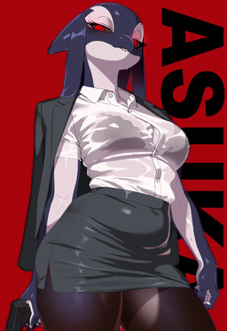 anthro black_sclera bottomwear bra breasts clothing collared_shirt curvy_figure dress_shirt eyelashes female gun holding_gun holding_object holding_ranged_weapon holding_weapon lace_bra legwear looking_at_viewer looking_down looking_down_at_viewer miniskirt multicolored_body ranged_weapon red_background red_eyes shirt simple_background skirt slim small_waist solo standing stockings text tight_clothing topwear two_tone_body underwear weapon wet wet_clothing wet_shirt wet_topwear kissrabbit_s2 asuka_(kissrabbit_s2) cetacean dolphin mammal marine oceanic_dolphin orca toothed_whale 2025 digital_media_(artwork) hi_res
