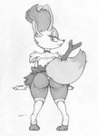 2023 anthro braixen butt clothing digitigrade dipstick_tail ecmajor eyebrow_piercing eyeshadow facial_piercing female generation_6_pokemon graphite_(artwork) greyscale hi_res leg_warmers legwear licking licking_lips looking_at_viewer looking_back looking_back_at_viewer makeup markings monochrome nintendo pencil_(artwork) piercing pokemon pokemon_(species) rear_view simple_background solo tail tail_markings thong tongue tongue_out topwear traditional_media_(artwork) tube_top twig underwear white_background