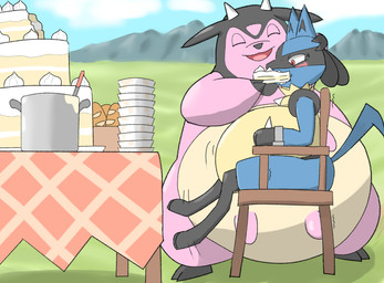 2_horns ambiguous_gender anthro belly belly_expansion big_belly biped bloated blush bound bread cake chair chubby_cheeks cooking_pot cuff_(restraint) dessert dominant duo eating expansion eyes_closed feederism feeding food force_feeding forced furniture holding_head horn larger_dom motion_lines obese obese_ambiguous open_mouth open_smile outside overweight overweight_ambiguous plate questionable_consent restraints semi-anthro sitting size_difference smile spikes spikes_(anatomy) standing stuffing table tail teats udders weight_difference weight_gain kazutti nintendo pokemon generation_2_pokemon generation_4_pokemon lucario miltank pokemon_(species) hi_res