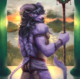 anthro clothed clothing fur hair horn looking_at_viewer male muscular nipples plant purple_body purple_fur purple_hair sky smile solo sunset tail water smokiiie asian_mythology east_asian_mythology mythology dragon eastern_dragon mythological_creature mythological_scalie scalie digital_media_(artwork) hi_res