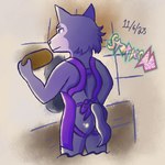 apron apron_only butt clothing fur grey_body grey_fur grey_tail kitchen male purple_apron purple_clothing skinny snout solo tail wolf_tail staplerad beastars legoshi_(beastars) canid canine canis mammal wolf 1:1