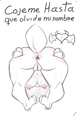 anthro anus areola big_areola big_breasts big_nipples breasts butt erect_nipples female first_person_view genitals hand_on_butt head_down_ass_up heart_symbol hooves horn inner_labia long_inner_labia membrane_(anatomy) membranous_wings navel nipples pink_anus plump_labia presenting presenting_anus presenting_hindquarters presenting_vulva short_tail simple_background solo spread_anus spreading tail text thick_thighs triangle_anus vulva wings twtr jim_the_lamb bovid caprine humanoid mammal sheep 2:3 hi_res sketch spanish_text