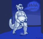 anthro biped blue_urine bodily_fluids clear_urine foreskin genital_fluids genitals holding_belly looking_pleasured looking_relieved male moobs overweight overweight_anthro overweight_male peeing penis relieved solo urine watersports nargleflex mammal mustelid otter blue_and_white monochrome