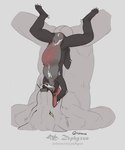 animal_genitalia anthro balls belly big_belly bodily_fluids cum duo genital_fluids genitals imminent_vore knot_hanging knotting male male/male open_mouth sheath size_difference tongue tongue_out upside_down vore zephyxus canid canine canis mammal wolf
