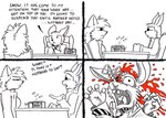 4koma anthro base_two_layout blood bodily_fluids comic content_repetition dialogue domestic_cat english_text felid feline felis female four_frame_grid four_frame_image gore grid_layout humor lagomorph lawyer leporid male mammal monochrome newton's_cradle not_big_and_not_clever office one_page_comic rabbit regular_grid_layout simple_background snow_(tirrel) text tirrel two_row_layout violence white_background