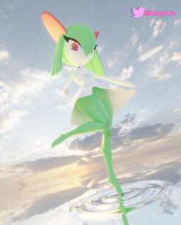 anthro ballet bottomwear clothed clothing cloud fantasy female green_body green_hair hair levitation light long_legs looking_at_viewer micro_calves on_one_leg raised_bottomwear raised_clothing raised_skirt red_eyes skirt sky solo standing sunlight thick_thighs thin_calves twitter_logo water white_body wide_hips renyartz nintendo pokemon twitter generation_3_pokemon kirlia pokemon_(species) 3d_(artwork) absurd_res digital_media_(artwork) hi_res