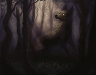 ambiguous_gender black_body black_fur black_nose dark detailed_background feral forest fur grass light looking_up plant sitting solo sunlight tree aurru canid canine canis mammal wolf 2016 digital_media_(artwork)