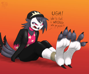 ankles_tied anthro beak beanie black_clothing black_jacket black_topwear bound choker clothing crown dialogue feet female foot_fetish foot_focus hat headgear headwear jacket jewelry necklace open_beak open_mouth pink_clothing pink_sclera pink_shirt pink_tongue pink_topwear shirt soles solo tail talons toes tongue topwear wrinkled_feet wrinkles a9ymus hellaverse helluva_boss octavia_(helluva_boss) avian bird owl owl_demon 2025 absurd_res digital_media_(artwork) hi_res shaded