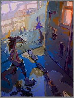 ambiguous_gender anthro biped city clothed clothing detailed_background group hair hat headgear headwear outside puddle reflection solo_focus standing flookz scalie 2026 digital_media_(artwork) hi_res