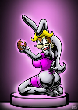 anthro big_breasts biped blonde_hair breasts clothing crossgender female footwear forced gender_transformation goo_transformation hair high_heels kneeling latex liquid_latex looking_back open_mouth shocked shoes solo transformation berty-j-a archie_comics sega sonic_the_hedgehog_(archie) sonic_the_hedgehog_(comics) sonic_the_hedgehog_(series) antoine_d'coolette bunnie_rabbot lagomorph leporid mammal prelate rabbit symbiote 2014 source_request unavailable_at_source