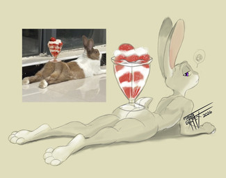 anthro balancing butt container cup dessert feet female female_anthro fingers food fruit fur grey_body grey_fur half-closed_eyes looking_at_viewer looking_back lying narrowed_eyes nude nude_female on_front photo_reference plant purple_eyes scut_tail short_tail simple_background solo strawberry tail toes taka_studio disney zootopia judy_hopps european_rabbit lagomorph leporid mammal oryctolagus rabbit 2026 digital_media_(artwork) hi_res reference_image signature