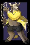 anthro black_bottomwear black_clothing black_shorts bone bottomwear brown_body brown_fur clothed clothing electricity front_view fur jacket male mouth_closed open_clothing open_jacket open_topwear overweight overweight_anthro overweight_male purple_background shorts simple_background skull skull_head solo standing topwear yellow_clothing yellow_eyes yellow_jacket_(clothing) yellow_topwear imperatorcaesar alpha_channel full-length_portrait hi_res portrait