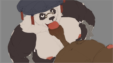 anthro asian_conical_hat belly brown_body brown_fur clothing duo erection eyewear fur genitals glasses hat headgear headwear licking male male/male moobjob moobs multicolored_body multicolored_fur oral overweight penile penis penis_lick sex tongue zuchawry mihoyo zenless_zone_zero ben_bigger pan_yin_hu bear giant_panda mammal