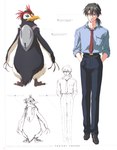 blue_clothing blue_shirt blue_topwear bottomwear cigarette clothing green_eyes male necktie pants shirt text topwear neon_genesis_evangelion pen_pen_(evangelion) ryoji_kaji avian bird human mammal penguin absurd_res hi_res japanese_text official_art translation_request