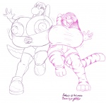 anthro big_breasts breasts clothed clothing copyright_symbol duo female huge_breasts hyper hyper_breasts nipple_outline nipples non-mammal_breasts non-mammal_nipples simple_background symbol tail badgerben mario_bros nintendo amber_(anjuneko) beverly_(badgerben) dinosaur felid mammal pantherine prehistoric_species reptile scalie tiger yoshi 2010 monochrome