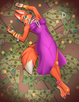 4_toes 5_fingers anklet anthro barefoot bracelet breasts claws clothed clothed_anthro clothed_female clothing digit_ring dress eyebrows feet female fingers fur gem hindpaw humanoid_hands jewelry lying money necklace on_back orange_body orange_fur paws pearl_(gem) pearl_necklace pink_nose ring smile solo toe_claws toe_ring toes oldoldman dreamworks the_bad_guys diane_foxington canid canine fox mammal hi_res