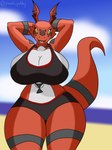 anthro beach bikini breasts butt clothing female leg_markings markings scales sea solo swimwear thigh_markings two-piece_swimsuit water wide_hips punch_pubby bandai_namco digimon digimon_(species) guilmon reptile scalie hi_res tagme