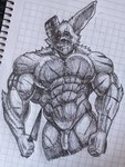 3:4 abs anthro bandage barazoku biceps big_muscles black_and_white blood bodily_fluids five_nights_at_freddy's five_nights_at_freddy's_3 genitals hi_res holding_object huge_muscles lagomorph leporid long_ears looking_at_viewer male mammal monochrome muscular muscular_anthro muscular_male nipples pecs penis pinumontbalou rabbit scar scottgames smile smiling_at_viewer solo springtrap_(fnaf) traditional_media_(artwork)