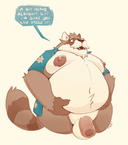 anthro average_penis balls belly big_balls big_belly big_nipples blue_clothing blue_shirt blue_topwear bodily_fluids bottomless brown_body brown_fur chode clothed clothing eyewear facial_hair fur genital_fluids genitals glasses happy holding_belly low-angle_view male markings mature_anthro mature_male moobs mostly_nude mostly_nude_anthro mostly_nude_male mustache navel nipples open_clothing open_mouth open_shirt open_smile open_topwear overweight overweight_anthro overweight_male penis precum precum_bead shirt shirt_only simple_background smile solo striped_markings striped_tail stripes tail tail_markings talking_to_viewer teeth text thick_penis topwear topwear_only unbuttoned_shirt white_body white_fur chocolateandmilk alfonso_(nanoff) mammal procyonid raccoon 2025 english_text hi_res portrait three-quarter_portrait