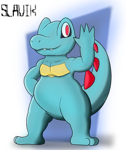 anthro male shortstack slightly_chubby solo young slavik. nintendo pokemon generation_2_pokemon pokemon_(species) totodile hi_res