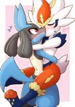 ambiguous/ambiguous ambiguous_gender anthro anthro_on_anthro blush bodily_fluids carrying_another carrying_partner duo eyes_closed heart_symbol hug kissing red_eyes small_waist sweat sweatdrop acky05 nintendo pokemon cinderace generation_4_pokemon generation_8_pokemon lucario pokemon_(species) 2021 hi_res