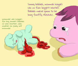 ambiguous_gender baby_talk black_eyes blue_body blue_fur bodily_fluids crying dialogue disembowelment dying eyes_closed featureless_crotch featureless_feet featureless_hands feet feral fur gore guts gutted hair hooves intestines looking_at_another lying neonate on_side open_mouth organs pain pained_expression pink_body pink_fur purple_hair sad suffering tears text young young_ambiguous young_feral carpdime fluffy_pony fluffy_pony_(species) mammal digital_media_(artwork) english_text intralingual_translation shaded