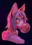 anthro backlighting blowing_bubble_gum blue_eyes bubble bubble_gum candy clothed clothing dessert female food gum hair inflating light lips looking_at_viewer pink_lips pink_nose solo white_hair hauringu felid feline mammal serval 2022 digital_media_(artwork) lighting