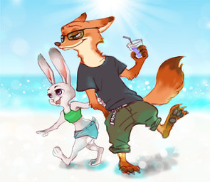 anthro arm_grab barefoot beach bendy_straw brown_body brown_fur cheek_tuft clothed clothing container cup drinking_straw duo eyewear facial_tuft feet female fully_clothed fur glasses grey_body grey_fur holding_container holding_cup holding_object light male open_mouth open_smile seaside shirt smile sun sunlight t-shirt topwear tuft walking water hebe_(pixiv) disney zootopia judy_hopps nick_wilde canid canine fox lagomorph leporid mammal rabbit red_fox true_fox 2018