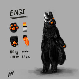 abs anthro black_body black_fur color_swatch fur genitals horn inner_ear_fluff knot knotted_penis machine male monotone_background multi_ear orange_horn orange_pawpads orange_penis pawpads penis shadow simple_background solo tuft white_inner_ear_fluff atlant_62_1 engi_(atlant_62_1) protogen 1:1 absurd_res hi_res model_sheet signature
