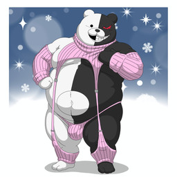 anthro armwear belly bulge clothed clothing elbow_gloves fupa fur gloves handwear legwear male multicolored_body multicolored_fur overweight skimpy smile smirk smug solo stockings sweater thong topwear turtleneck underwear bobbellyboy danganronpa spike_chunsoft monokuma bear mammal 1:1 hi_res