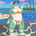 anthro bikini clothing crossgender female fur genderfluid green_body green_fur overweight overweight_anthro overweight_female pawpads solo swimming_pool swimwear two-piece_swimsuit dazzlingfoxxo denser_(dazzlingfoxxo) canid canine cheetah felid feline fox hybrid mammal 1:1 absurd_res hi_res