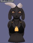 anthro bell big_breasts biped black_body black_bra black_clothing black_fur black_underwear bovid_horn bra breasts broken_horn caprine_horn choker clothed clothing female floppy_ears fur goat_horn hands_behind_back horn jewelry necklace red_eyes simple_background solo symmetry underwear oldbuck2009 bovid caprine goat mammal absurd_res digital_media_(artwork) hi_res pixel_(artwork)