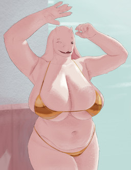 anthro belly big_belly big_breasts bikini bikini_bottom bikini_top breasts cellulite clothed clothing female front_view fur gesture glistening glistening_body gold_bikini horn huge_breasts mature_female one_eye_closed overweight overweight_female presenting presenting_armpit presenting_breasts public raised_arm sagging_breasts shadow skimpy sky slightly_chubby slightly_chubby_female smile solo standing swimwear thick_thighs two-piece_swimsuit walking waving waving_at_viewer white_body milkermaker deltarune undertale_(series) toriel bovid caprine goat mammal absurd_res hi_res