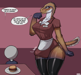 anthro big_breasts black_hands breasts bulge burger clothing dialogue duo feathered_tail feathers food furniture genitals grey_body gynomorph intersex intersex/male larger_intersex latex latex_clothing latex_legwear legwear male name_tag orange_body orange_eyes penis simple_background size_difference smile sound_effects table tail text thick_thighs throbbing throbbing_penis tight_clothing tight_topwear topwear uniform waiter work_uniform onxel dinosaur feathered_dinosaur feathered_scalie human mammal prehistoric_species reptile scalie absurd_res colored english_text hi_res shaded