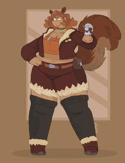 4_fingers ambiguous_gender arms_bent bangs belt belt_buckle belt_pouch black_eyes black_knee_socks bottomwear breasts brown_background brown_belt brown_bottomwear brown_clothing brown_eyebrows brown_jacket brown_ribbon brown_shorts brown_tail brown_topwear buckle carrying_another choker cleavage clothed clothed_female clothed_humanoid clothing crop_top duo eyebrows eyelashes female feral fingers fluffy fluffy_tail footwear freckled_breasts freckles fully_clothed fully_clothed_female fully_clothed_humanoid fur green_choker green_jewelry green_necklace grey_body grey_fur grey_tail hand_on_hip hand_on_own_hip jacket jewelry kerchief knee_highs knee_socks larger_female larger_humanoid legwear light medium_hair multicolored_body multicolored_fur navel neckerchief necklace neckwear open_clothing open_jacket open_topwear orange_clothing orange_crop_top orange_shirt orange_topwear red_kerchief red_neckerchief shirt shorts simple_background size_difference smaller_ambiguous smaller_feral socks standing superhero tail tan_body tan_skin text thick_thighs topwear two_tone_body two_tone_fur two_tone_tail buleruby marvel squirrel_girl_(marvel) tippy-toe animal_humanoid humanoid mammal mammal_humanoid rodent rodent_humanoid sciurid sciurid_humanoid tree_squirrel tree_squirrel_humanoid 2026 absurd_res artist_name colored digital_drawing_(artwork) digital_media_(artwork) english_description hi_res lighting shaded female_(lore)