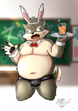 anthro arms_bent belly bent_legs bodily_fluids bow_(feature) bow_in_front bow_tie bunny_costume clothing cocktail_garnish cocktail_umbrella costume embarrassed empty_eyes fake_ears fake_rabbit_ears flying_sweatdrops fur holding_object male multicolored_body multicolored_fur musclegut muscular pecs playboy_outfit scar serving serving_beverage serving_trap solo speedo stylized_empty_eyes stylized_eyes sweat sweatdrop swimwear two_tone_body two_tone_fur waiter junxiong_0814 lifewonders tokyo_afterschool_summoners moritaka_(tas) canid canine canis domestic_dog mammal absurd_res hi_res