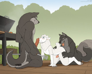 4_toes 5_fingers all_fours animal_genitalia animal_penis anthro anthro_on_anthro black_nose black_pawpads butt canine_genitalia canine_penis erection feet fingers fur genitals grey_body grey_fur grill group group_sex hindpaw hooves humanoid_hands kneeling knot knotted_penis male male/male nude outdoor_nudity outside outside_sex pawpads paws penis sex spatula tail threesome toes tongue tongue_out tools trio white_body white_fur white_wool wool_(fur) jishinu bovid canid canine canis caprine mammal sheep wolf 5:4 hi_res
