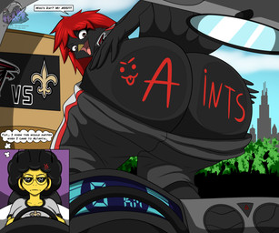against_surface american_football angry annoyed anthro beak big_butt bottomwear breasts building butt butt_focus car city clothed clothing crowd dialogue duo feathers female flashing_butt group hair huge_butt inside_car inside_vehicle jersey looking_at_viewer mocking mooning on_glass open_mouth partially_clothed rivalry shaking_butt shirt shorts smile sport tail text thick_thighs topwear vehicle wide_hips wings berk_rider atlanta_falcons new_orleans_saints nfl accipitrid accipitriform arthropod avian bee bird hymenopteran insect 2026 absurd_res english_text hi_res