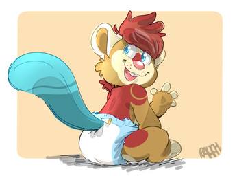 4_fingers ambiguous_gender anthro beaver_tail blue_tail border brown_body brown_fur brown_inner_ear buckteeth clean_diaper clothed clothing diaper diaper_only fingers fur gesture hair logo looking_back open_mouth open_smile pink_nose red_body red_fur red_hair simple_background sitting smile solo tail tan_ears tan_fingers teeth topless waving wearing_diaper whisker_spots white_border white_diaper yellow_background rauchpanda kvikk_(littlekvikk) beaver mammal rodent artist_logo full-length_portrait portrait