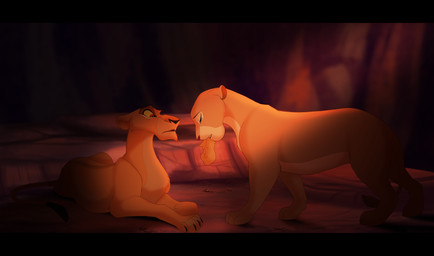 black_bars carrying_another claws detailed_background duo_focus female feral fur group half-closed_eyes lying narrowed_eyes on_front orange_body orange_fur paws red_eyes sad standing sunset surprised tan_body tan_fur young young_feral kitchiki disney the_lion_king nala_(the_lion_king) zira_(the_lion_king) felid lion mammal pantherine hi_res story story_in_description