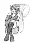 anthro bandage bikini biped clothing crossed_legs female footwear gloves handwear legwear simple_background sitting socks solo spandex stockings swimwear tight_clothing two-piece_swimsuit conkerbirdy mammal rodent sciurid tree_squirrel monochrome sketch