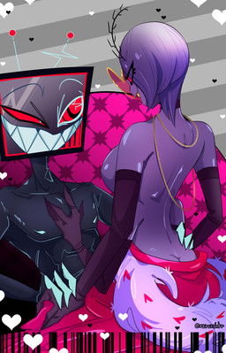 athletic athletic_male big_breasts breasts butt claws clothed clothing crossgender detailed_background duo electronics eyewear female for_a_head glasses hair interspecies male male/female open_mouth open_smile partially_clothed purple_hair red_eyes screen screen_face smile teeth television thick_thighs white_hair rzrcrshtr hazbin_hotel hellaverse valentino_(hazbin_hotel) vox_(hazbin_hotel) demon demon_humanoid humanoid object_head screen_head tv_head absurd_res hi_res